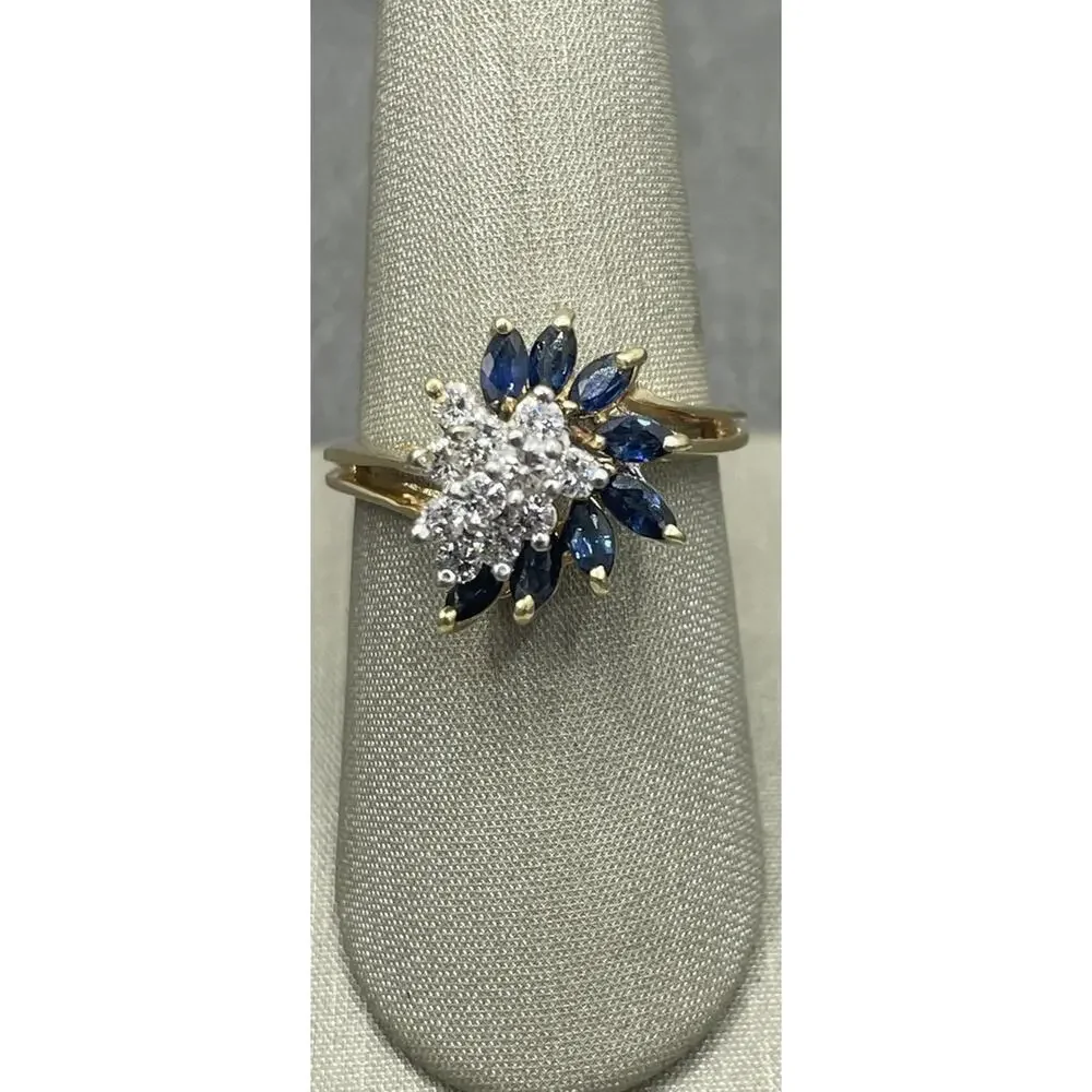 14K Yellow Gold Diamond & Blue Stone Cluster Wave Ring (21886)
